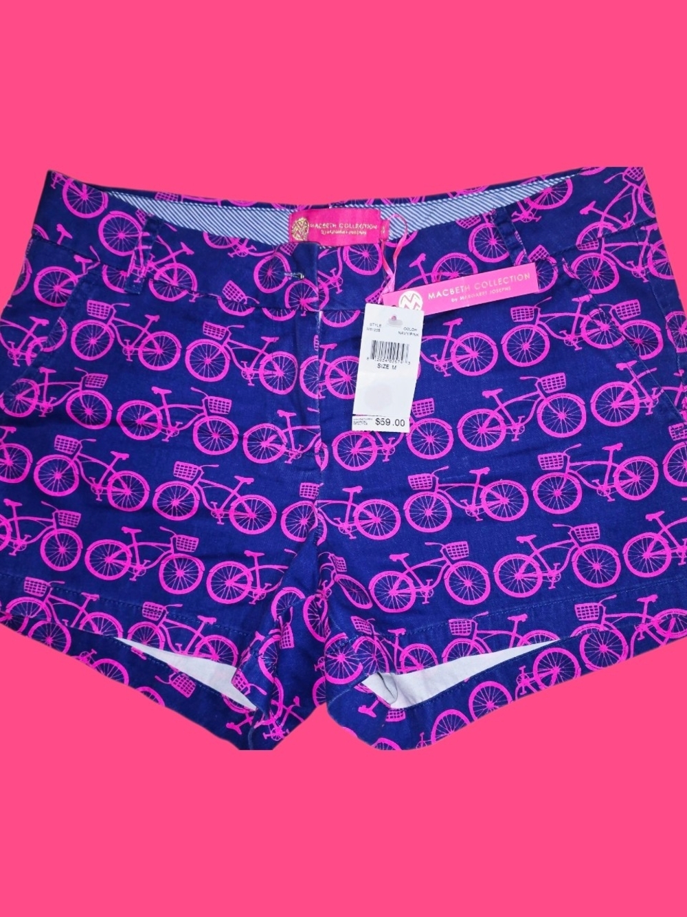 Macbeth Collection by Margaret Josephs Navy Shorts with Hot Pink Bicycle Print